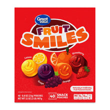 Great Value Fruit Smiles snack pouches, front label with fruit flavors