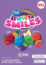 Fruit Smiles tangy fruit-flavored snack pouch label with fruit icons and 22 count