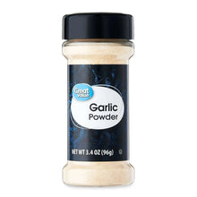 Garlic powder bottle with black cap and beige powder, Great Value label