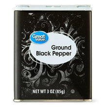 Ground black pepper container, 3 oz (85 g), black label with pepper swirl