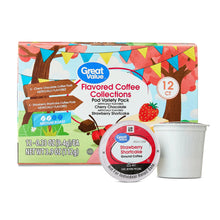 Flavored coffee pod variety pack box with pod lids and serving cup