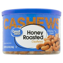 Honey roasted cashews canister with blue lid and honey flavor label