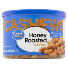 Honey-roasted cashews canister with blue lid and Great Value Honey Roasted label.