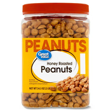 Honey roasted peanuts jar with large front label and peanuts visible through clear glass