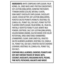 Ingredients list for trail mix, including dried whey, chocolate chips, and nuts