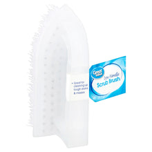White multi-purpose scrub brush with handle and stiff bristles