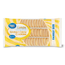 Lemon sandwich creme cookies package in yellow and white with cookie graphics