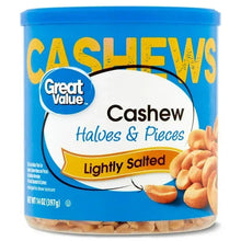Great Value lightly salted cashew halves and pieces tub, blue lid, front label