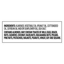 Ingredients panel for roasted lightly salted almonds: almonds, vegetable oil, sea salt