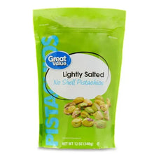 Lightly salted pistachios bag with Great Value logo, green package labeled no-shell