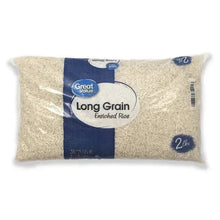 Enriched long grain rice bag with Great Value logo and 2 lb label.