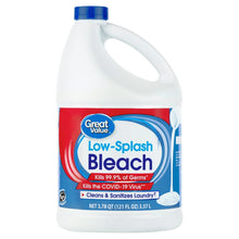 Low-splash bleach jug with blue-and-red label and blue cap, 121 fl oz