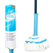 Microfiber twist mop head with blue strips and ribbed blue handle