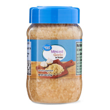 Great Value minced garlic in water jar, blue cap and front label