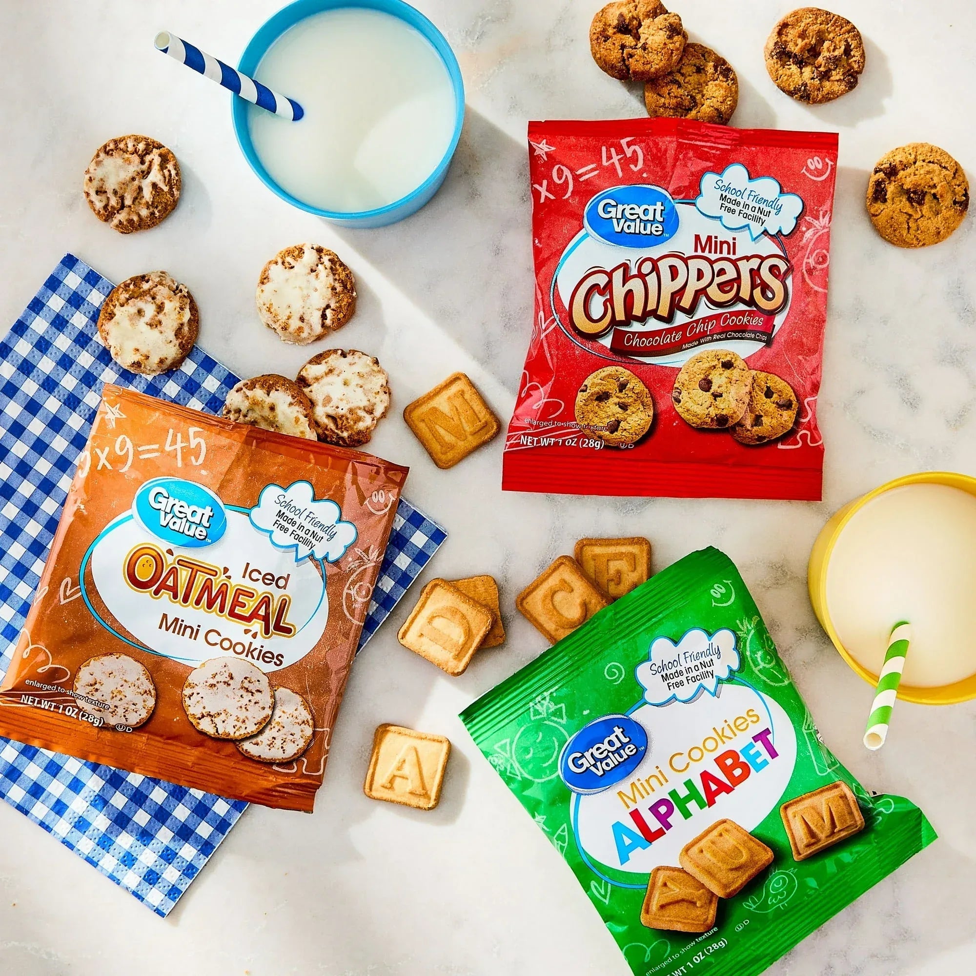 Great Value Mini Alphabet, Chippers & Oatmeal Cookies Variety Pack, 1 oz, 30 Snack Packs