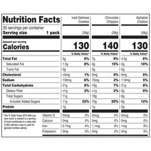 Nutrition Facts panel for iced oatmeal cookies, Chocolate Chippers, and Alphabet Cookies