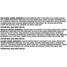 Ingredients list text for iced oatmeal cookies, Chocolate Chippers, and Alphabet Cookies