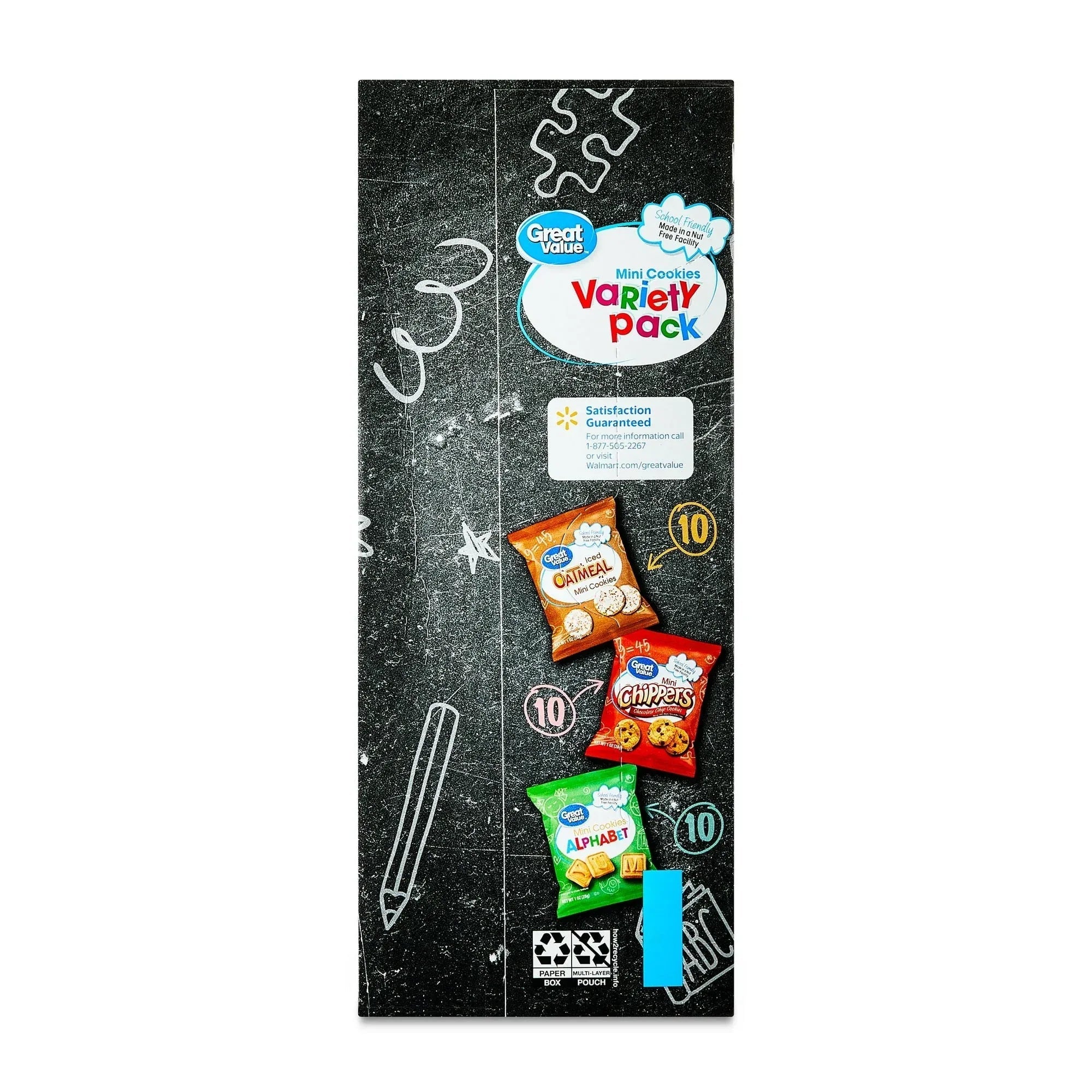Great Value Mini Alphabet, Chippers & Oatmeal Cookies Variety Pack, 1 oz, 30 Snack Packs