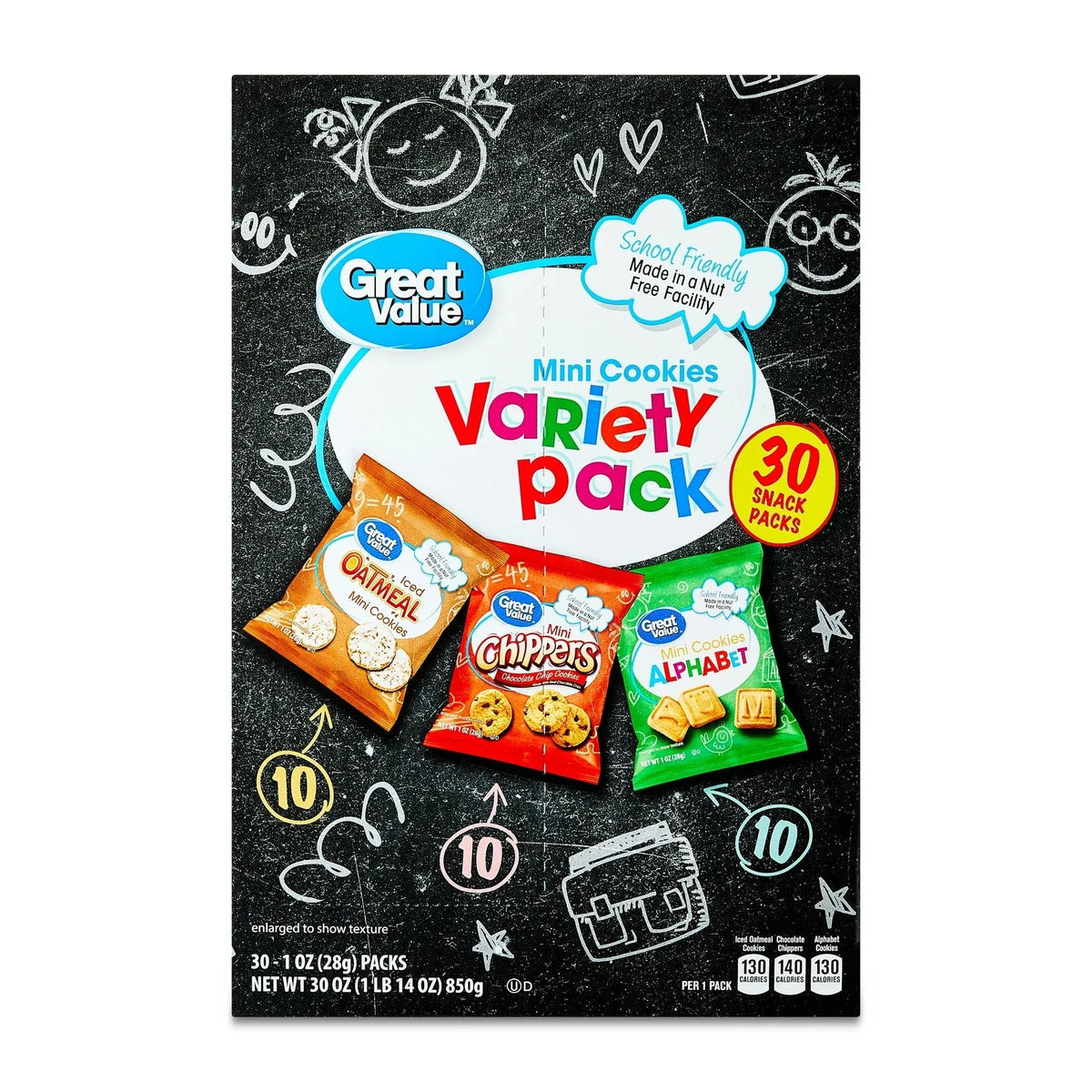 Great Value Mini Alphabet, Chippers & Oatmeal Cookies Variety Pack, 1 oz, 30 Snack Packs