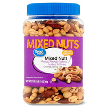 Mixed nuts jar with blue cap, purple label, assorted nuts and peanuts visible inside