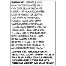 Mountain Trail Mix ingredients and allergen label with milk, almonds, peanuts, and soy.
