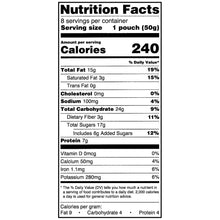 Nutrition Facts panel for 1 pouch, listing calories, fat, carbs, protein, and sugars