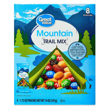 Mountain trail mix box with 8 pouches, assorted nuts and candy pieces in center