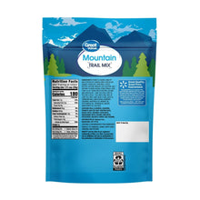 Mountain trail mix pouch back with Nutrition Facts and product details panel