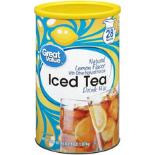 Great Value lemon flavor iced tea drink mix can front with tea-glass cups
