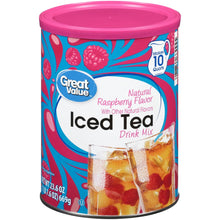 Raspberry flavor iced tea drink mix canister with Great Value logo and glass tea
