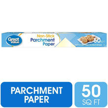 Non-stick parchment paper pack with Great Value logo and 50 sq ft label