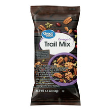 Great Value Omega-3 trail mix pouch, dark brown package with Omega-3 logo and nuts