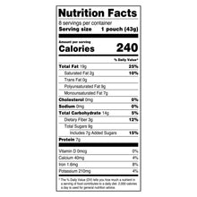 Nutrition Facts panel for 1 pouch (43 g), calories 240 and nutrient breakdown