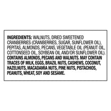 Ingredients label: walnuts, dried cranberries, pepitas, almonds, pecans and other nuts