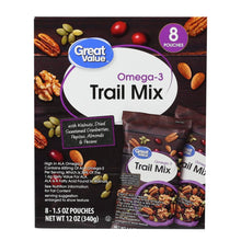 Great Value Omega-3 trail mix pouch box, 8 count, dark brown with nut and berry images
