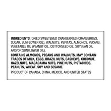 Ingredients list for omega-3 trail mix, including dried sweetened cranberries and nuts