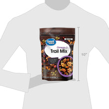 Omega-3 trail mix bag for scale on a white T-shirt, about 10 in tall