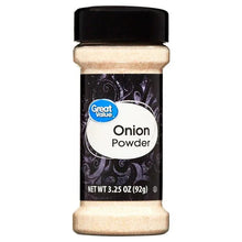 Onion powder bottle with black cap and Great Value Onion Powder label