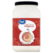 Coffee creamer bottle with black lid and red Original label, 60 oz