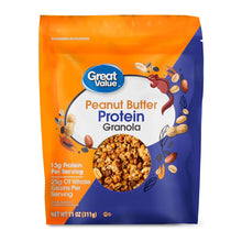 Protein granola bag with peanut butter granola filling and nut illustrations