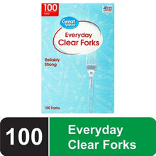 Clear disposable plastic forks in box, 100 count