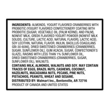 Ingredients label for trail mix with almonds, yogurt-flavored cranberries, and walnuts