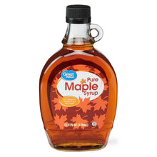 Pure maple syrup bottle with black cap and handle, 12.5 fl oz