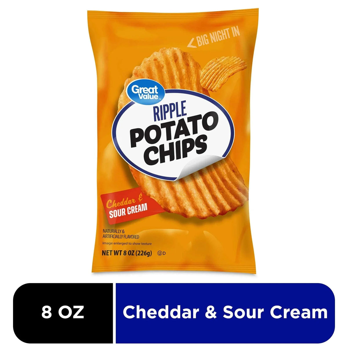 Great Value Rippled Cheddar & Sour Cream Potato Chips, 8 oz Bag