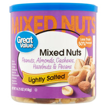 Lightly salted mixed nuts tub with blue lid and purple label