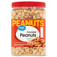 Roasted salted cocktail peanuts jar, clear container with red lid and peanut pieces