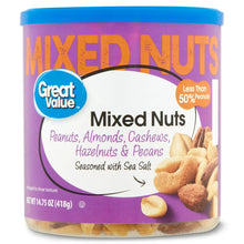 Roasted & salted mixed nuts jar with blue lid, Great Value label