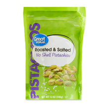 Resealable bag of roasted & salted, no-shell pistachios (Great Value) front label