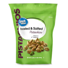 Green resealable bag of roasted, salted pistachios with pistachio kernels graphic