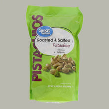Roasted & salted pistachios bag, green packaging with “Roasted & Salted Pistachios” text